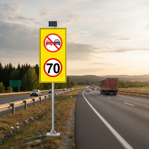 Panneau de signalisation routière réfléchissant à énergie solaire 100 x 175 cm – Attention : Interdiction de dépassement et limitation de vitesse à 70 km/h pour utilisation routière - Product Image 3