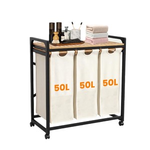 Estante de almacenamiento de ropa de bambú con bolsas de lona de 50L y tapa de madera para organizar la ropa en el baño - Product Image 1