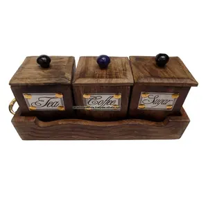Set Kotak Gula, Teh, Kopi, Kayu dengan Tutup Tiga Wadah dan Satu Nampan Warna Cokelat