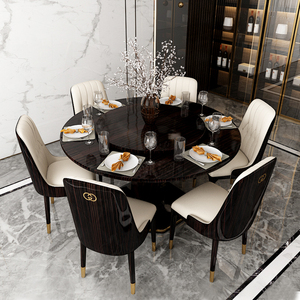 Luxury Leather Chairs 1+6 Set White Marble Stone Solid Wood Dining Table Sets 6 Chairs