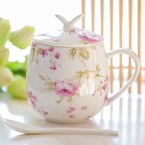 Tazza in Porcellana Cinese con Coperchio e Cucchiaio, Design Creativo, 450ml, Senza BPA, Resistente al Calore, Adatta per Microonde e <span class=keywords><strong>Forno</strong></span>, Ecologica, Tazza per Latte - Product Image 2
