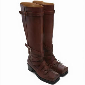 Version en peau de mouton ~ Nouvelles bottes fines à talon épais de style coréen pour femmes, bottes mi-mollet à nœud papillon, bottes d'équitation à boucle de ceinture - Product Image 5