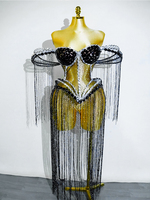 Ensemble de bikini à franges longues en strass noir et argent Cabaret Noir, style cage structurée, pour spectacle de scène Drag Queen Showgirl
