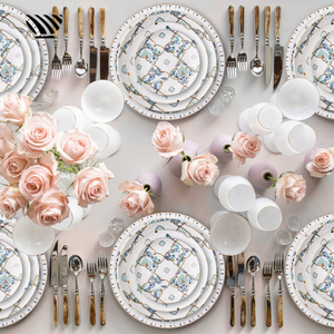 <span class=keywords><strong>Service</strong></span> de table en <span class=keywords><strong>porcelaine</strong></span> fine à motif rétro bleu-vert : Assiettes en <span class=keywords><strong>porcelaine</strong></span> de qualité supérieure et ensemble de vaisselle en céramique élégant avec bordure dorée - Product Image 2