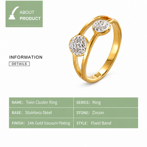 แหวนสแตนเลสสตีลสีทองประดับเพชรซิร์คอน ชุบทอง 14K แบบสุญญากาศ ดีไซน์วงแหวนคู่ทรงกลมแบบฝังเพชรเรียงเป็นกลุ่ม - Product Image 5