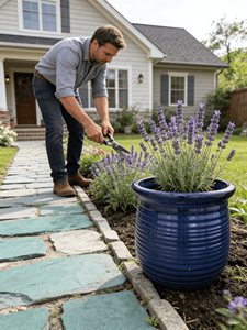 กระถางดอกไม้เซรามิกสีน้ำเงินโคบอลต์เงา ลายริ้วแนวนอน มีรูระบายน้ำ สำหรับตกแต่งสวนในร่ม/กลางแจ้ง - Product Image 2