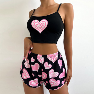 SFY-Y976 New Arrival Women'S Clothing Love Print Halter Top + Shorts Set Fashion <strong>Casual</strong> <strong>Home</strong> <strong>Wear</strong> 2-Piece Women'S Pajamas Set - Product Image 4