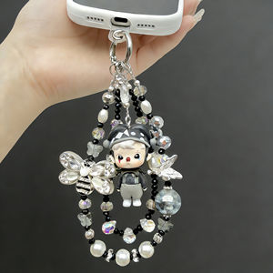 Chaîne de téléphone multifonctionnelle 15 cm personnalisable, noire et grise, ornée de perles, tendance, détachable, de luxe, avec ornement SP Doll en cristal incrusté - Product Image 6