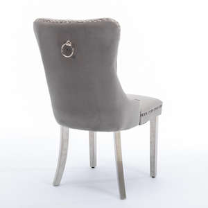 Modern Contemporary <b>Gray</b> <b>Dining</b> <b>Chair</b> Set 2 High-End Tufted PU Upholstery Solid Wood Velvet Nailhead Trim Chrome Stainless Legs - Product Image 3