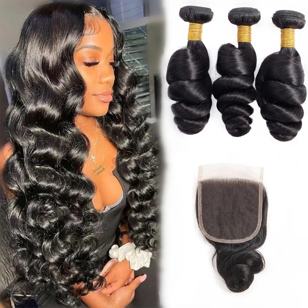New arrival 10A 12A grade raw 100% Malaysian human hair weft natural color Loose wave hair bundles with 4x4 lace closure