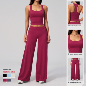 OEM ODM Square Neck Racerback Vest <strong>Low</strong> <strong>Waist</strong> Split Hem Capri <strong>Leggings</strong> Wide Leg Pants Quick Dry Shorts Women's Fitness Yoga Set - Product Image 2