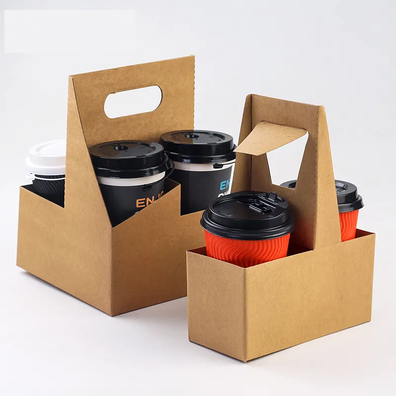 Disposable Cup Holder for Hot or Cold Drinks 2cups 4 Cups Drink Carrier with Handle Kraft Paperboard Coffee Cup Holder