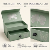 Boîte cadeau vert sauge à deux niveaux avec couvercle magnétique et tiroir coulissant, emballage d'ampoules en feuille d'argent motif feuille de Ginkgo