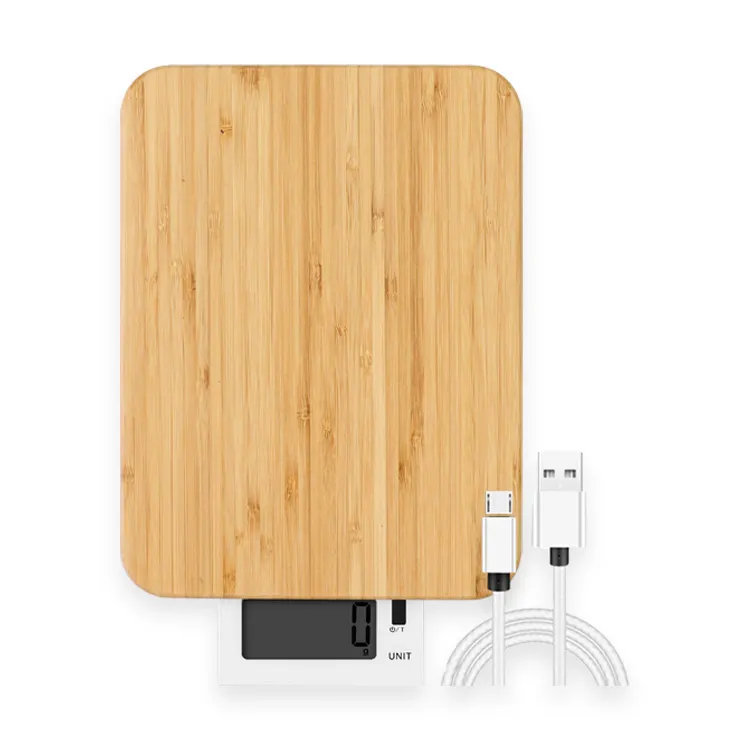 Balance de cuisine numérique étanche avec LCD, 5 pièces, accessoire de cuisine, rechargeable par USB, 10kg, ustensile électronique en bambou