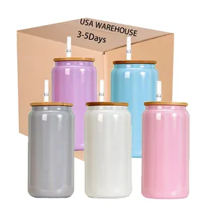 USA Warehouse Glitter Glass Water Juice Soda Tumbler Cups 16oz Colored Shimmer Sublimation Glass Can With Bamboo Lid and Straw