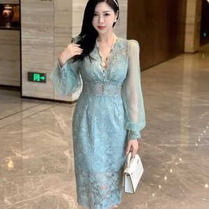 Elegante Abito in Pizzo <span class=keywords><strong>al</strong></span> <span class=keywords><strong>Ginocchio</strong></span>, Scollo a V, Maniche Lunghe, Patchwork, Vita Elasticizzata, Vestito Traspirante - Product Image 1