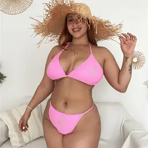 Défilé de mode grande taille Sexy Micro couleur unie licou cou bretelles papillon strass Triangle maillots de bain Bikini pour les grosses femmes