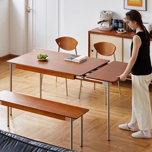 Nouvelle Arrivée <span class=keywords><strong>Table</strong></span> à Manger Télescopique Rectangulaire en Bois Massif Style Japonais, Extensible <span class=keywords><strong>et</strong></span> Pliante, avec Plateau en Pierre Usagée, pour Toutes Saisons - Product Image 1