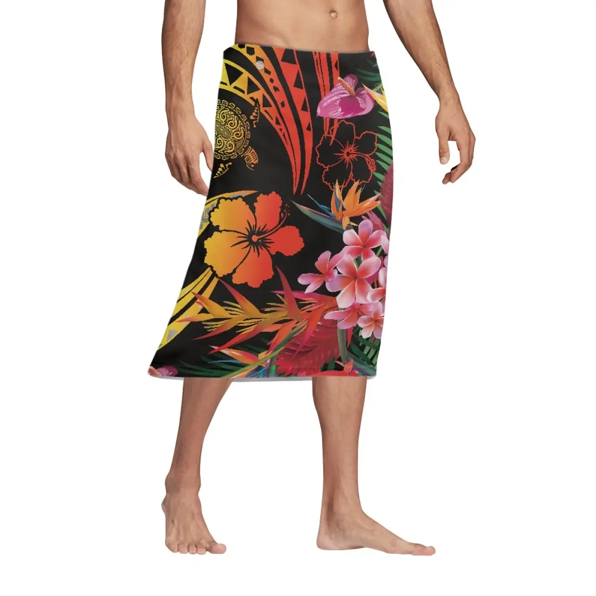 Impresión a pedido Hawaiian Men's Pareo Sarong Custom Hibiscus Floral Hawaiian Men's Skirt Venta al por mayor Poliéster Causal Beachwear