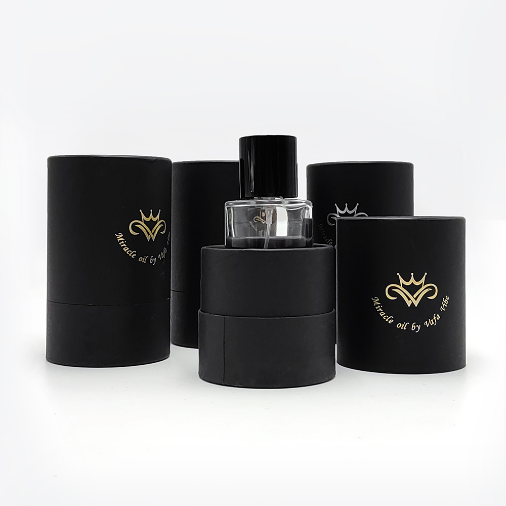 Custom Logo Essential Oil Bottle Gold Foil Tube Box Packaging Recyclable Black Round Cylinder Paper Tube for Perfume Bottle