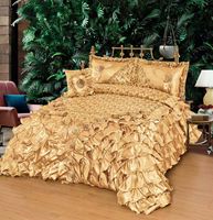 Ensemble de literie en satin doré royal à volants, 300tc, 4 pièces, style européen/américain, patchwork, broderie florale, linge de lit de luxe pour chambre à coucher