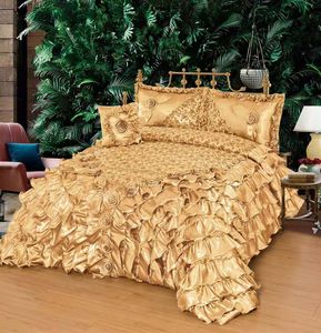 Set di <span class=keywords><strong>Biancheria</strong></span> da <span class=keywords><strong>Letto</strong></span> in Raso Dorato con Volant, 300tc, 4 Pezzi, Stile Europeo/Americano, Patchwork con Ricami Floreali, Lussuoso Set per Camera da <span class=keywords><strong>Letto</strong></span> - Product Image 2