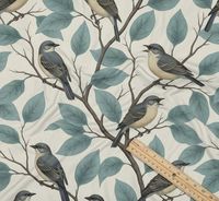 Tissu d'ameublement imprimé oiseaux bleus style vintage au mètre, motif botanique élégant pour canapé et chaise