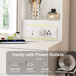 <strong>Small</strong> <strong>Makeup</strong> Vanity <strong>Desk</strong> Mirror Adjustable LED Lights Built-in Power Outlet Hidden Storage Padded Stool Shelf Space-Saving - Product Image 6