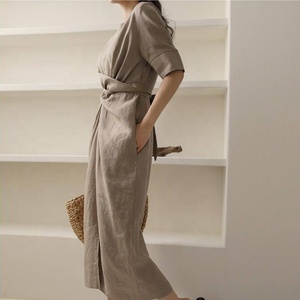 Abito da Donna OEM in <span class=keywords><strong>Cotone</strong></span> <span class=keywords><strong>e</strong></span> <span class=keywords><strong>Lino</strong></span>, Abbigliamento Estivo a Maniche Corte, Elegante Vestito in <span class=keywords><strong>Lino</strong></span> Snellente in Vita - Product Image 2