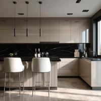 Meubles d'îlot de cuisine écologiques peints avec comptoir en marbre, glissières de tiroir, robinets et charnières pour villas modernes
