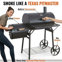 Barbecue fumoir à charbon robuste avec foyer latéral, thermomètre intégré et chariot, idéal pour le camping en extérieur