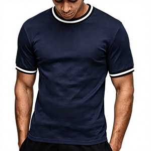 Men's Navy Blue O-Neck Short Sleeve T-Shirt Slim Fit Contrast Trim Knitted Casual Solid Color - Product Image 1