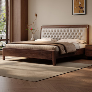 Cama Doble de Madera Maciza de Nogal Negro con Cuero Genuino Acolchado Suave, Estilo Chino Nuevo, Estética de Primera Capa de Piel de Vaca - Product Image 4