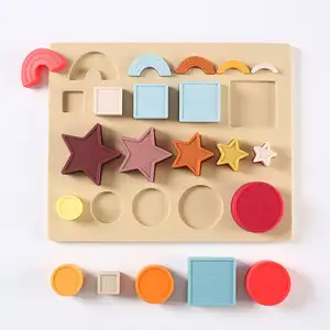 Zachte Siliconen Stapelspeelgoed Set Natuurlijke Regenboog Kleur Kauw Natuurlijke Bijtring Voor Baby Montessori Systeem Nesting Speelgoed