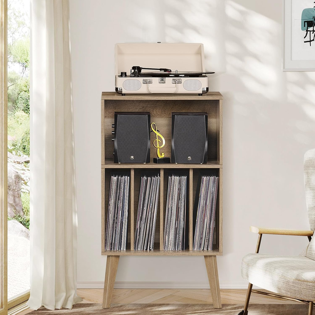 Modern Oak Nightstand with Storage for 160 Vinyl Records Apartment-Friendly Bedroom Furniture