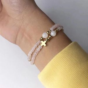 Bracelet chapelet fait main en perles de quartz rose et d'agate noire de 4 mm, entièrement enroulé, avec breloque Notre-Dame - Product Image 5