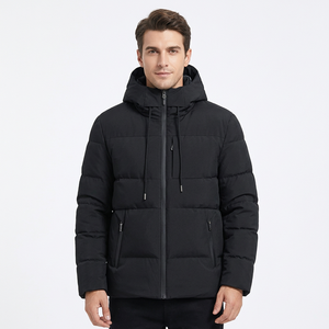 Chaqueta Acolchada Negra con Capucha para Hombre, Cortavientos, Informal de Invierno, con Cierre de Cremallera, Relleno de Poliéster, Corte Regular - Product Image 1