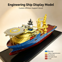 Modèle de navire de soutien offshore personnalisé avec coque bleue, superstructure jaune, fond rouge et pont de grue
