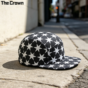 Custom Logo Cotton Star Print 5 Panel Camp Cap Wholesale Bulk Interlocking Pattern <b>Flat</b> Brim <b>Hat</b> Manufacturer - Product Image 2