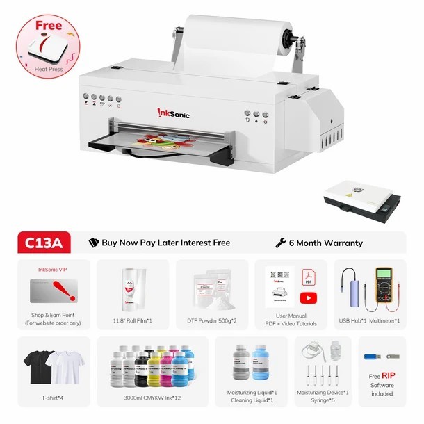 InkSonic USA Warehouse C13A 30cm A3 DTF Printer With Oven Digital Printer T-shirt Printing Machine and L1800 Printhead