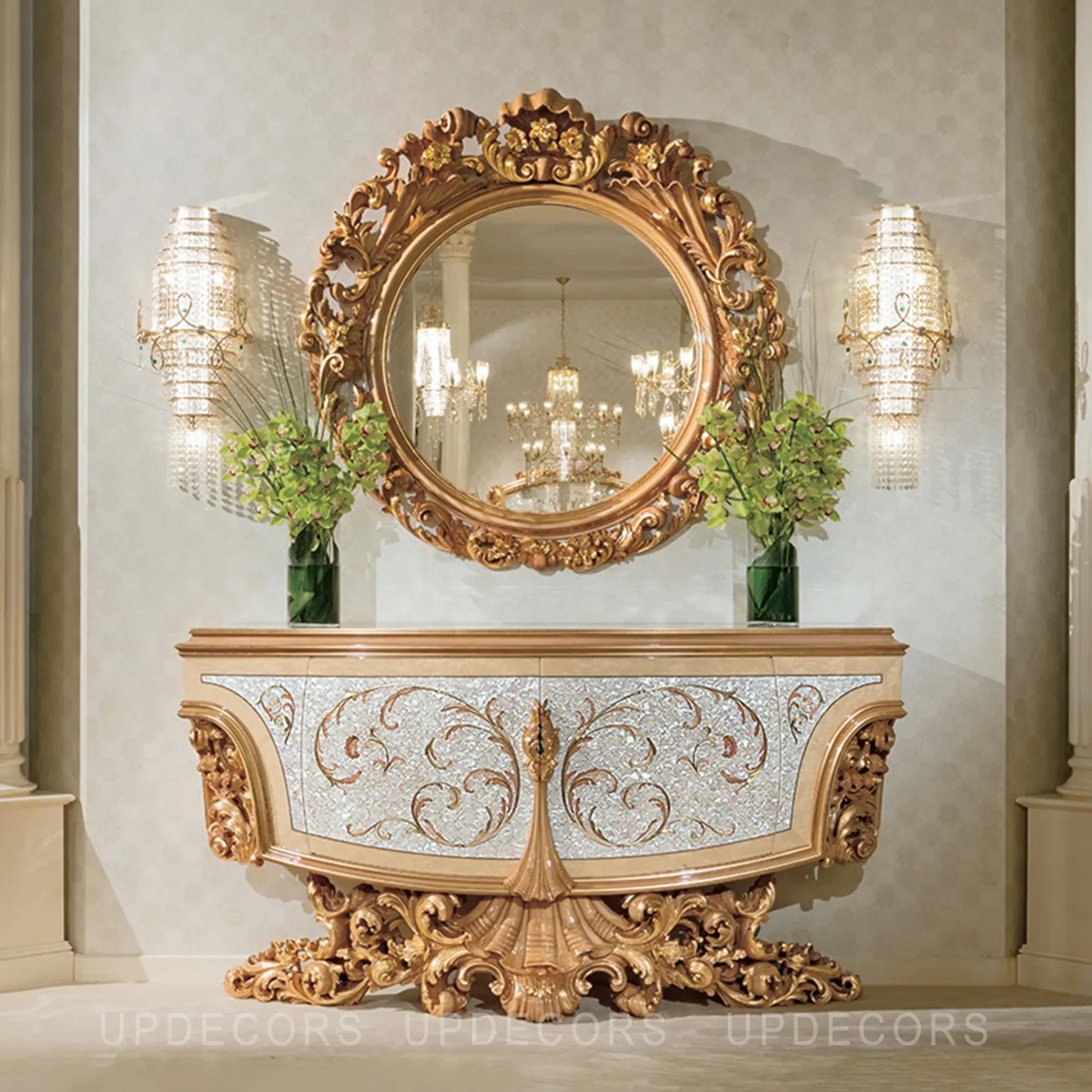 Consolle intagliata a mano 100% in legno massello classico di design italiano con mobili dipinti antichi con specchio