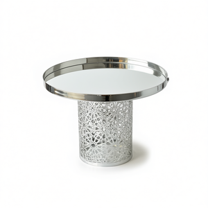 Metal cake stand with <b>mirror</b> top and laser cut base for dessert display sweets pastries and luxury table decor - Product Image 1