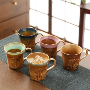 Tazas de cerámica rústica de 200 ml con relieve creativo y pintadas a mano, para agua doméstica, con diseño de camello y barco del desierto, y para café. - Product Image 1