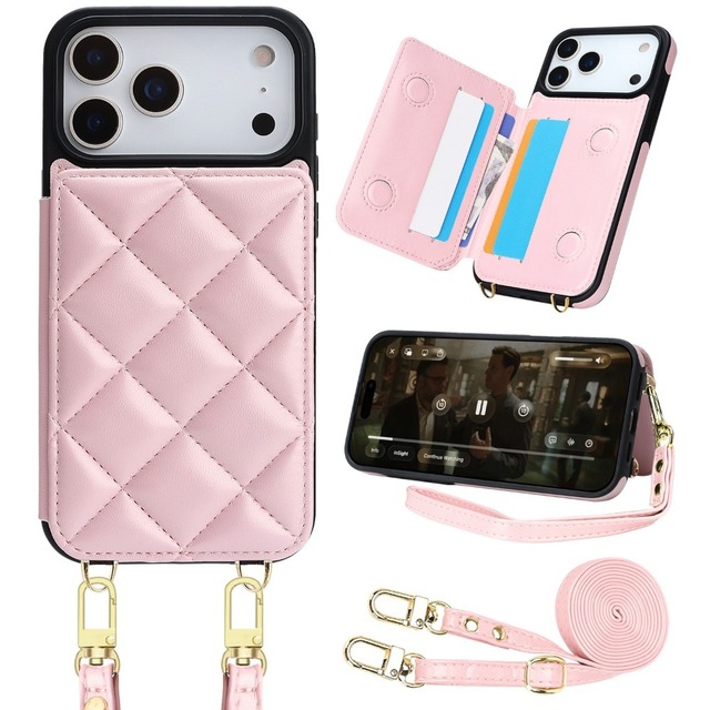 RFID Pu Leather Phone Cases for iPhone 17 16 Pro Max Cross Body Strap Hands Free Card Holder Phone Cover