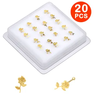20 PCS Rose Shape Nose Studs Ball End Pin Nose Bone Nostril Bendable Soft Needle Nose Piercing Boxed Jewelry Wholesale 22G