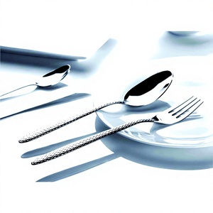 Ensemble de couverts en acier inoxydable argenté, cuillère, fourchette, couteau et cuillère pour bébé, 4 pièces, martelé, élégant, au prix de gros - Product Image 1
