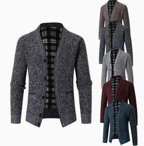 <b>Men's</b> Knit <b>Cardigan</b> Sweater V Neck Button Front Plaid Lined <b>Long</b> Sleeve Fall Winter Outerwear - Product Image 1