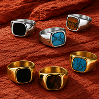 Bague Chevalière Bohème JLM pour Homme, Plaqué Or 18K, Turquoise, Acier Inoxydable, Pierre Bleue Taille Coussin, Vente en Gros de Bijoux