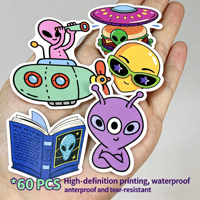 60 autocollants personnalisés en forme de dessin animé extraterrestre et OVNI, en PVC découpé, imperméables, pour ordinateur portable, bagages, trottinette, scrapbooking, cadeau
