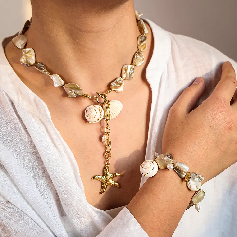 Joolim 18K Pvd Gold Plated Summer Beach Holiday Chunky Big StarfIsh Shell Pearl Stainless Steel Necklace Bracelet Jewelry